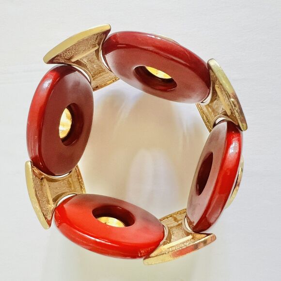 70s Vintage Red Resin / Goldtone Metal Stretch Statement Bracelet Modernist - Picture 3 of 11